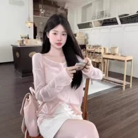 微与 ~Lanky style loose and slim-looking top pure backless pink sunscreen blouse women's lace-up blouse