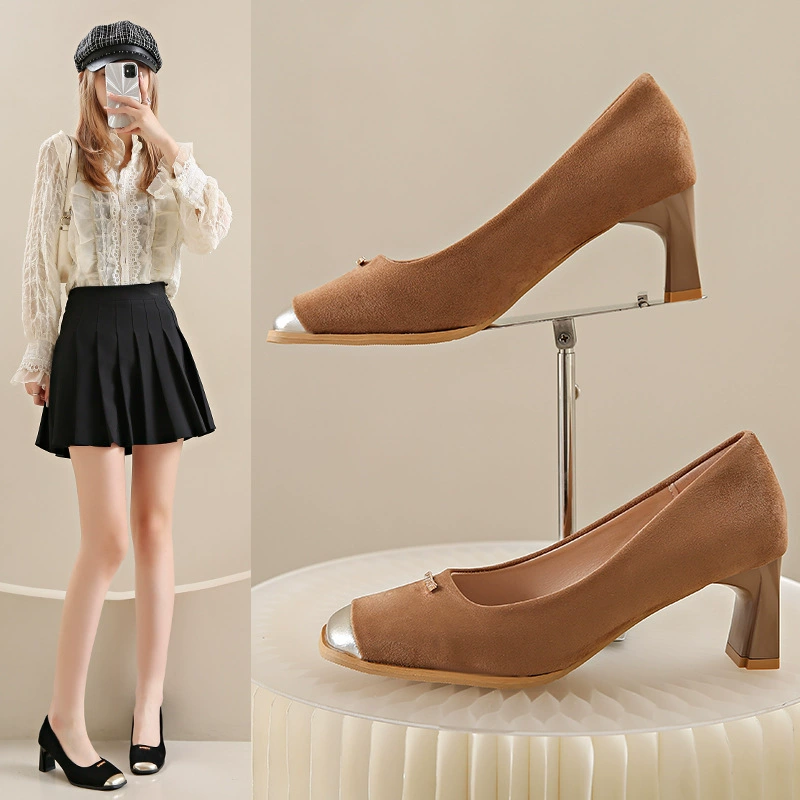 Туфли на высоком каблуке женский 2024 летний новый замши металлическая квадратная голова корейская версия темпераментной профессиональной туфли на каблуке
