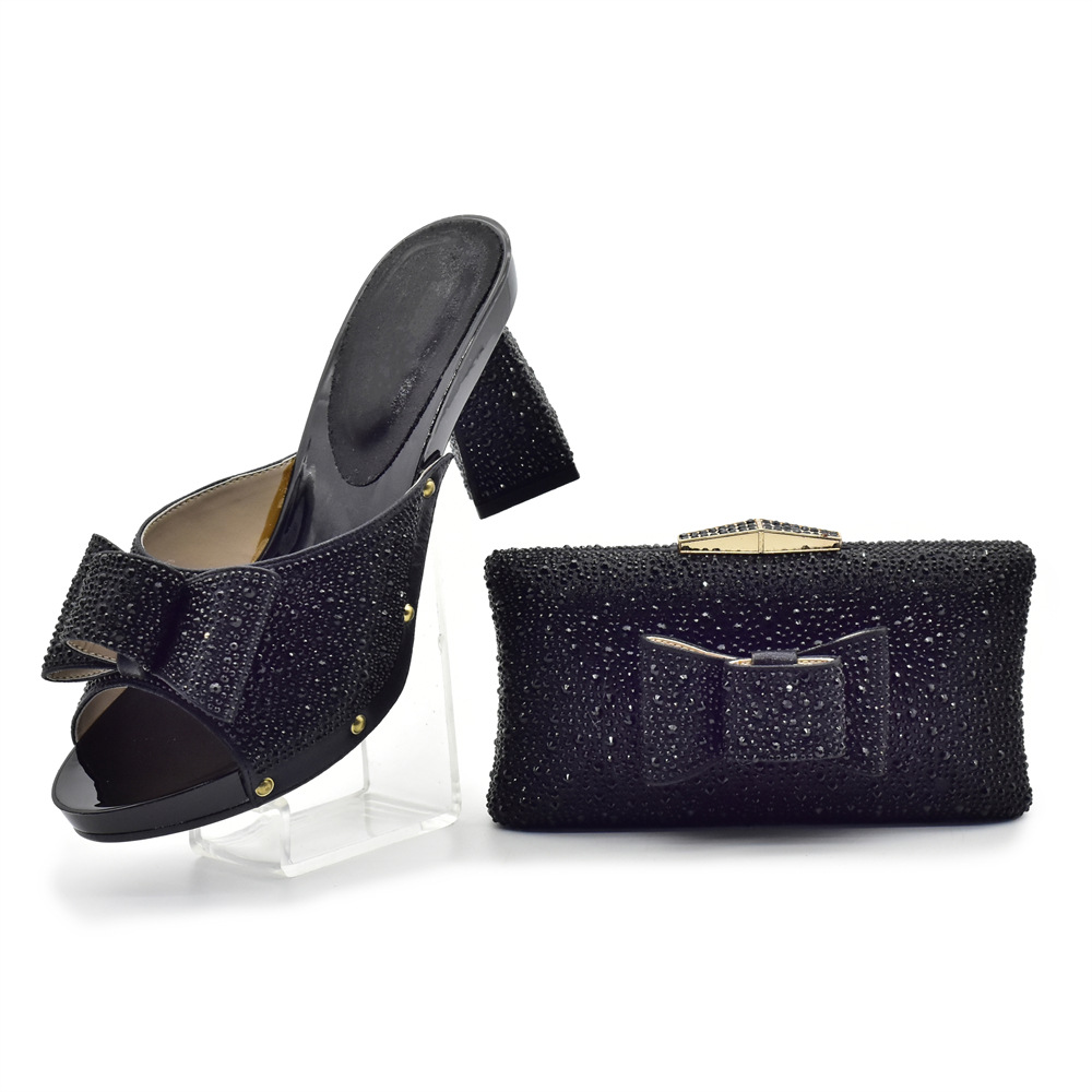 Butterfly knot shaped heels with bows full of diamond dinner bag fashion bag wear party shoe bag set_voghion.com