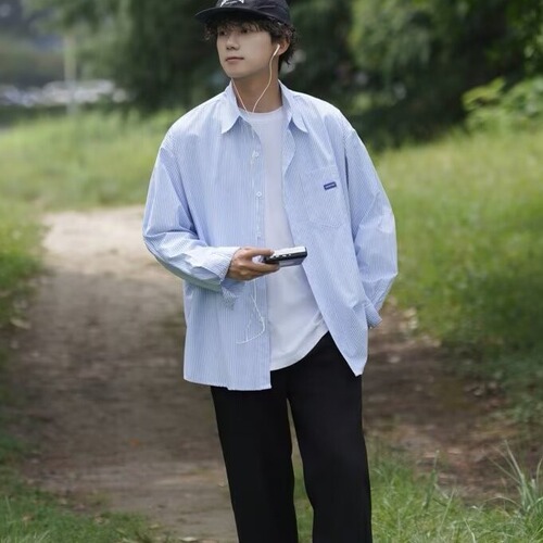 Japanese casual city boy workwear long sleeve shirt men spring and autumn new fashion loose striped top coat men