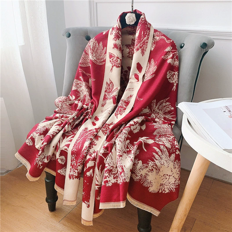Ethnic cartoon keep warm demi-season scarf, cloak made of faux fur with tassels, ethnic style, print, increased thickness