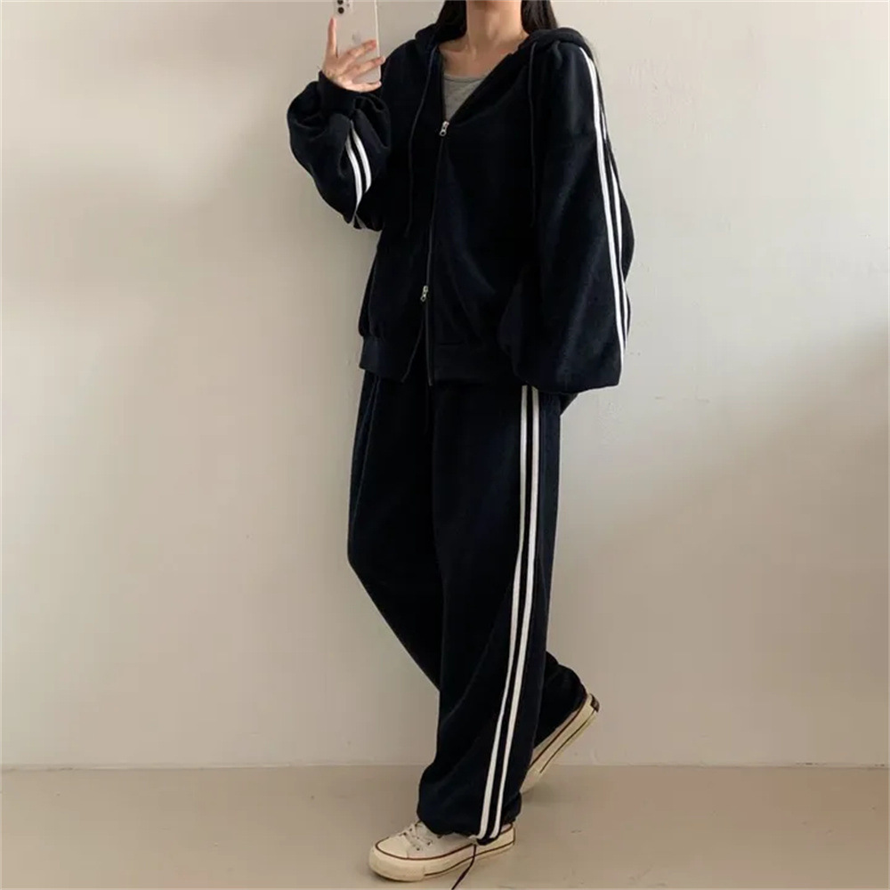 クロスボーダー卸売ジッパースウェットシャツカジュアルツーピースグレー韓国ブランドファッションスポーツスーツ女性のための春と秋怠惰なルーズ