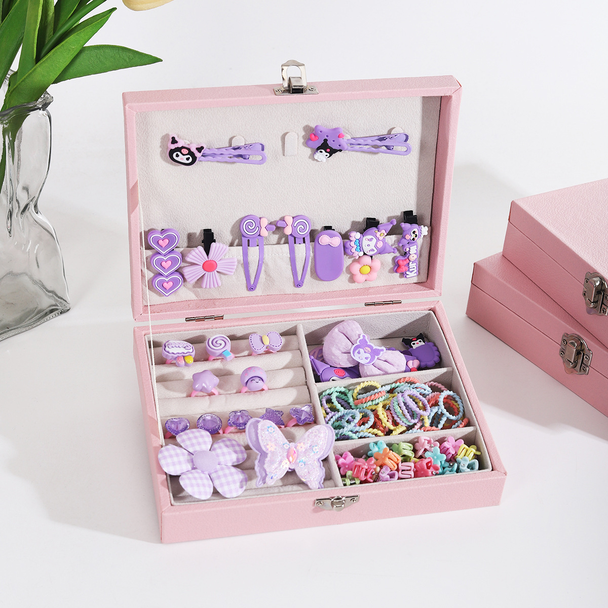 Juego de pulsera de anillo de clip de oreja de Kulomi de dibujos animados Caja de regalo Caja de joyería exquisita princesa para niños Regalo de cumpleaños para niñas