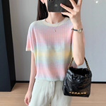 彩虹梦境~多巴胺渐变花纱天丝真丝针织短袖圆领T恤气质小衫上衣女