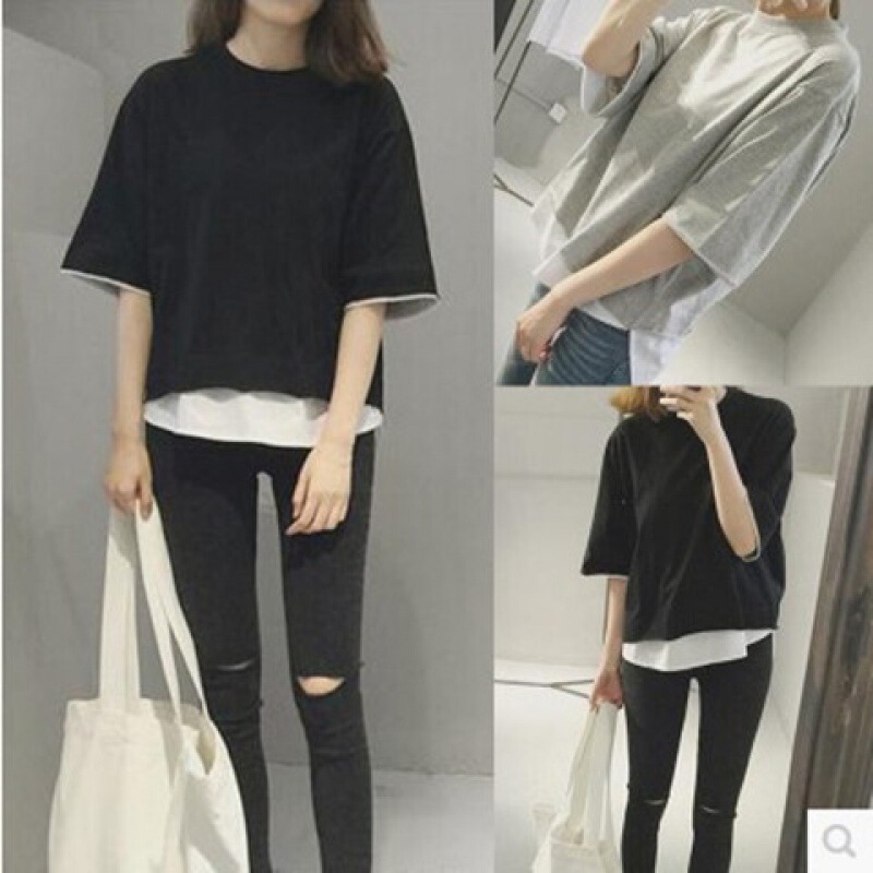 New Korean Style Summer Fake Two-piece Half-sleeve Half-sleeve T-shirt Women's Mid-sleeve Loose Harajuku T-shirt Girls' Trendy