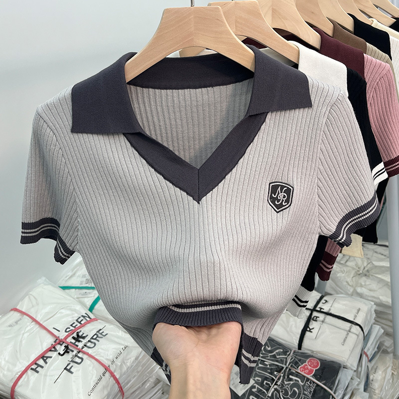 独特港味甜辣妹短款领针织衫上衣设计感小众短袖恤女夏|undefined