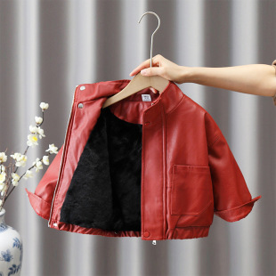 6675 Boys' Red Leather Jacket 2025 Children's Velvet Thickened New Year's Eve Clothes Baby Winter Festive Stand Collar Leather Jacket