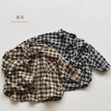 儿童格子棉麻衬衫秋季新款小童韩版宽松个性中长款外套男女童装潮