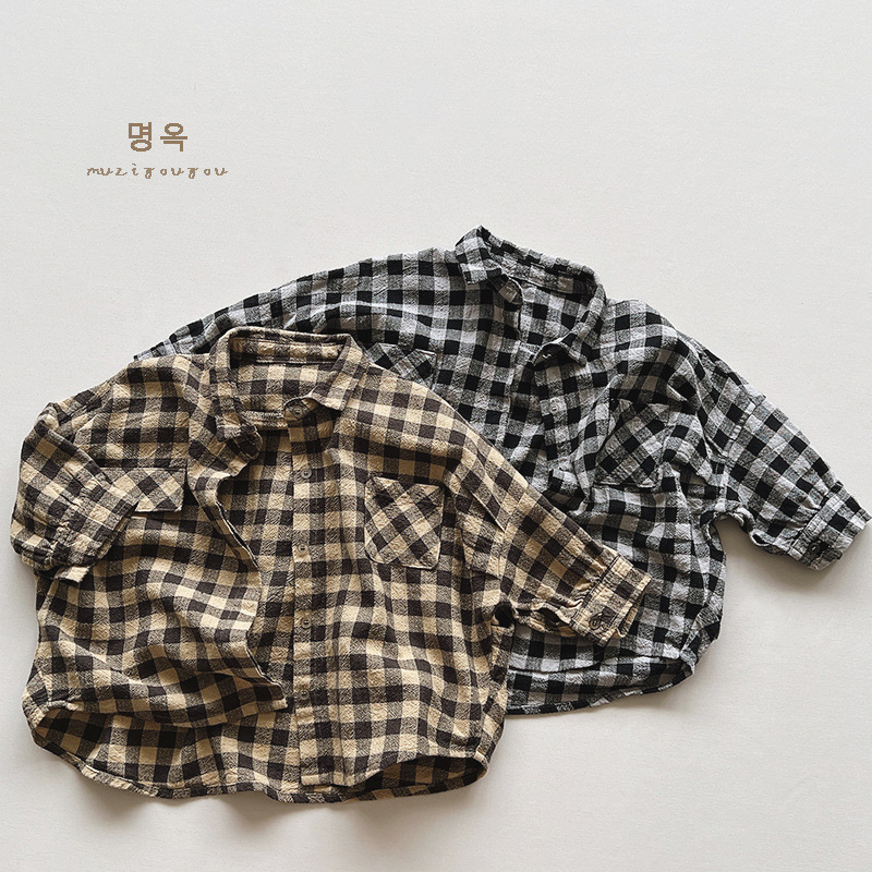 Camisa de algodón y lino a cuadros para niños otoño nuevos niños estilo coreano personalidad suelta abrigo de longitud media ropa de hombre y mujer moda
