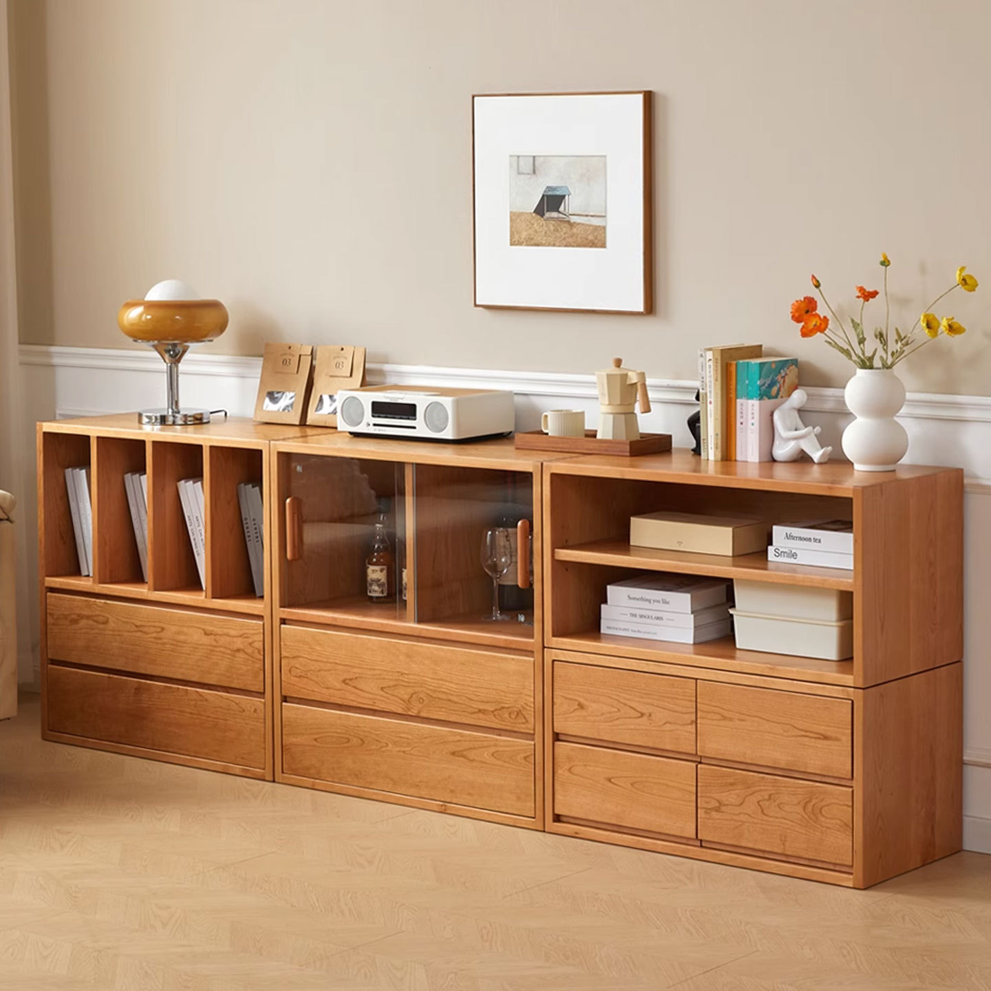 North American Cherry Wood Bookcase Living Room Solid Wood Floor-Standing Display Cabinet Modular Free Combination Cabinet Antique Magazine Cabinet