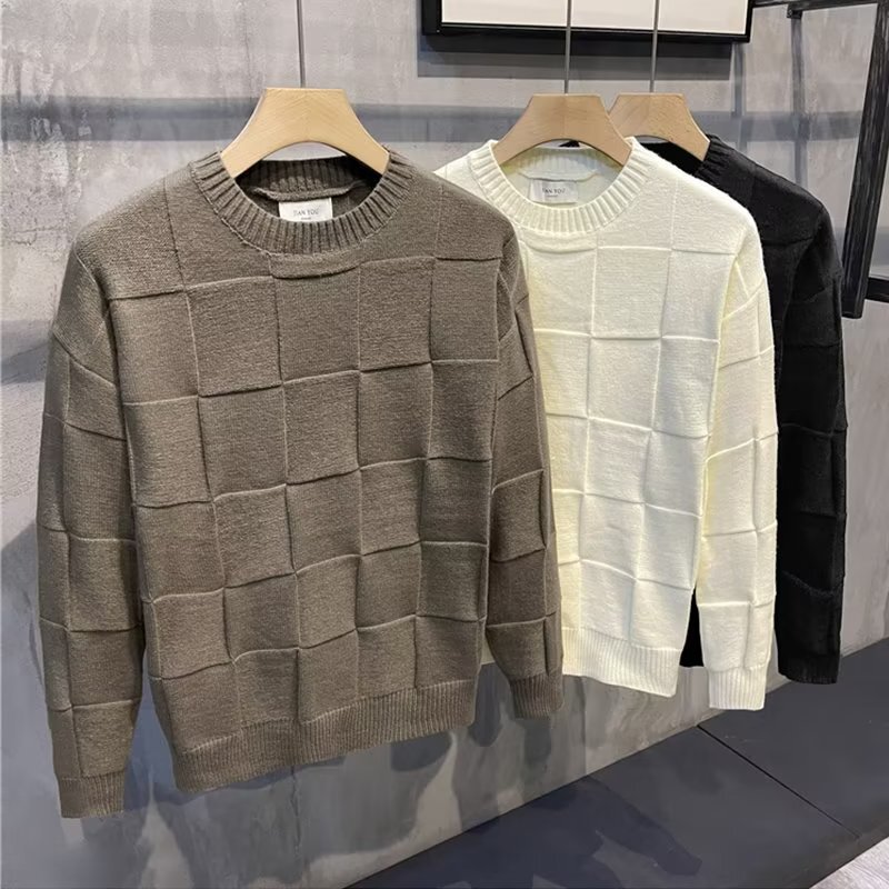 Lazy style solid color chessboard plaid sweater men's ins trendy loose casual warm bottoming sweater sweater sweater Lazy style solid color chessboard plaid sweater men's ins trendy loose casual warm bottoming sweater sweater sweater
