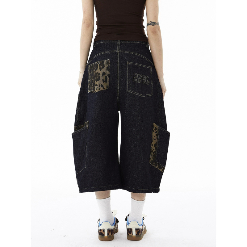 Ov Original High Street Retro Leopard Print Patchwork Washed Scimitar-Shaped Jeans Unisex American Style Loose Wide-Leg Pants Trendy