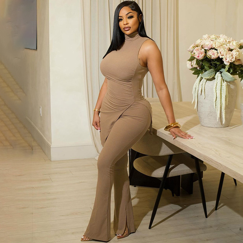 European and American 2025 Summer New Solid Color Sleeveless High Collar Split Top Slim-fit Trousers Fashion Casual Two-piece Suit