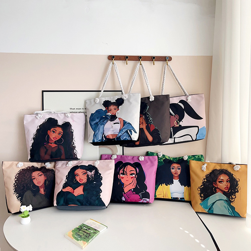 2025经典户外实用百搭复古帆布包 卡通印花手提沙滩大容量托特包