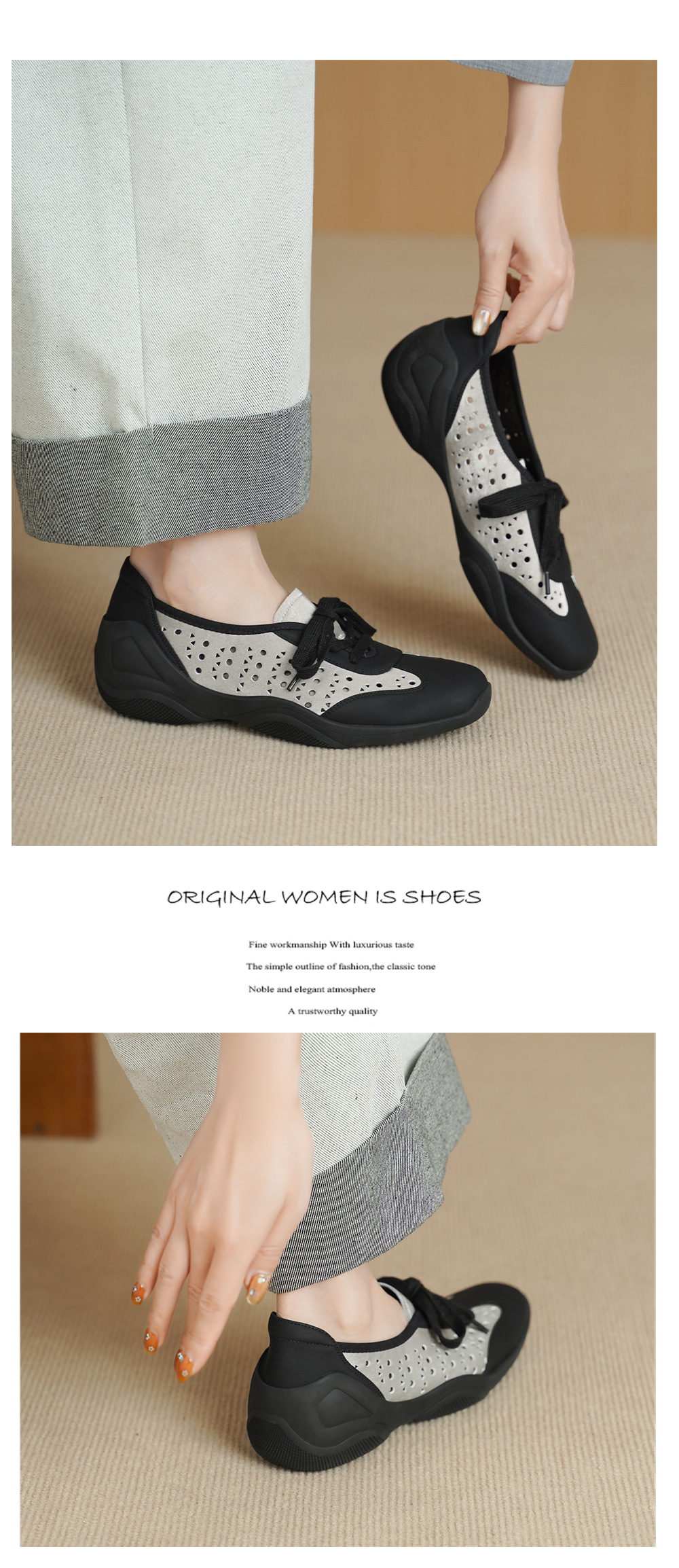 Giày sneaker nữ phối màu đục lỗ dây buộc mũi sâu đế mềm da mềm — đen chi tiết 8