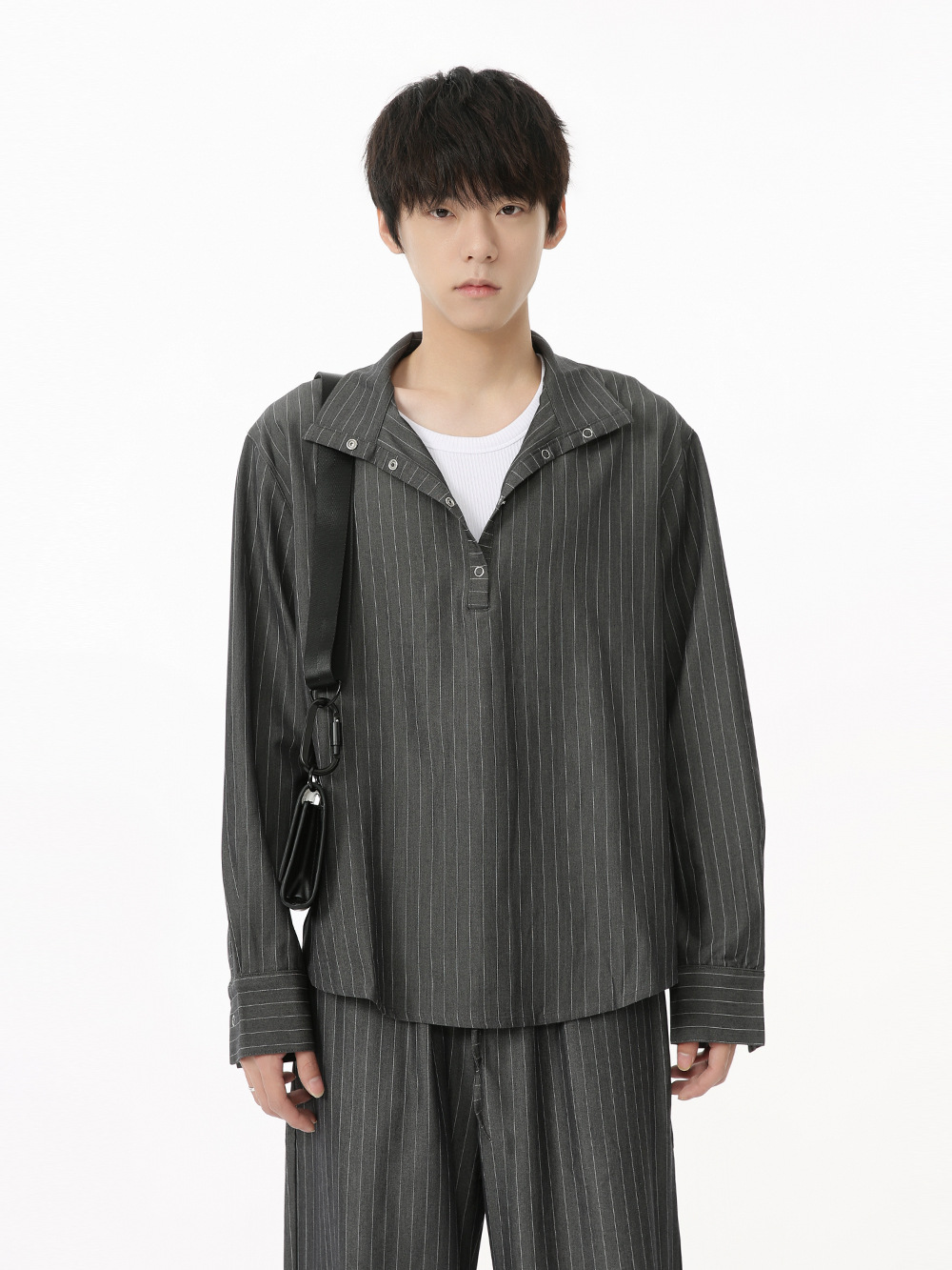 MTLCLOTHES Hombres| Camisas de cuello vertical a rayas coreanas, pantalones largos sueltos, moda de traje casual