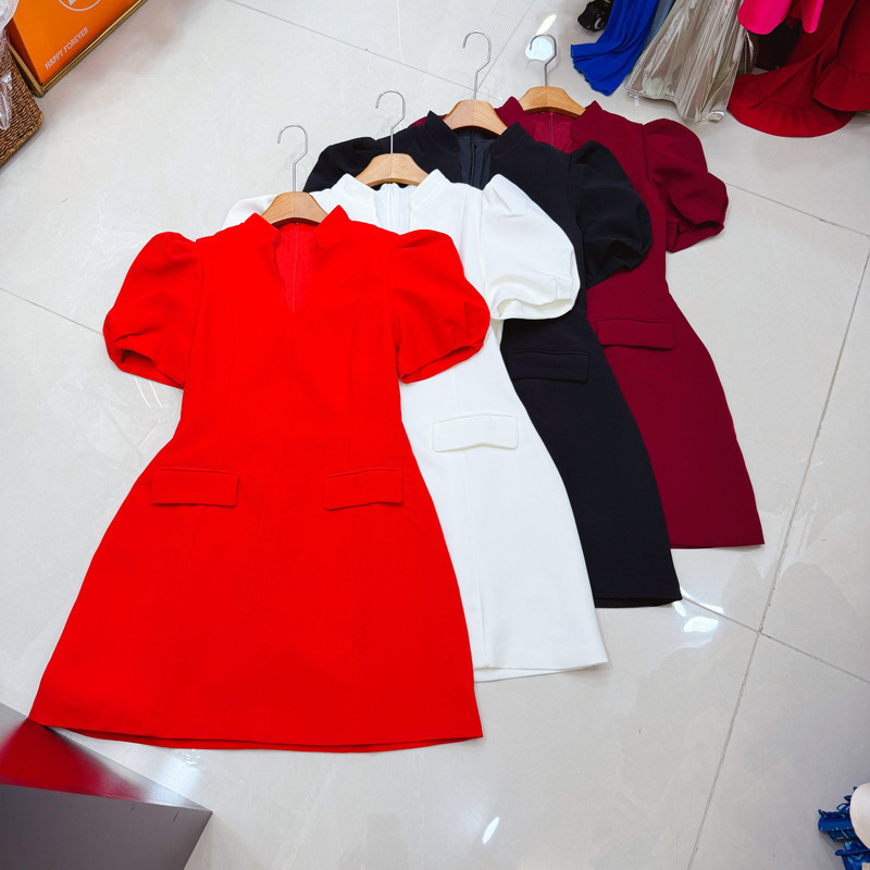 Thirteen Lines Vietnam High-End Elegant New Slim Fit Bodycon Dress V-Neck Puff Short Sleeve Waist-Cinching Dress A1 # 2073