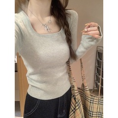 温柔风方领长袖套指针织衫女秋冬高级感修身显瘦内搭打底正肩上衣