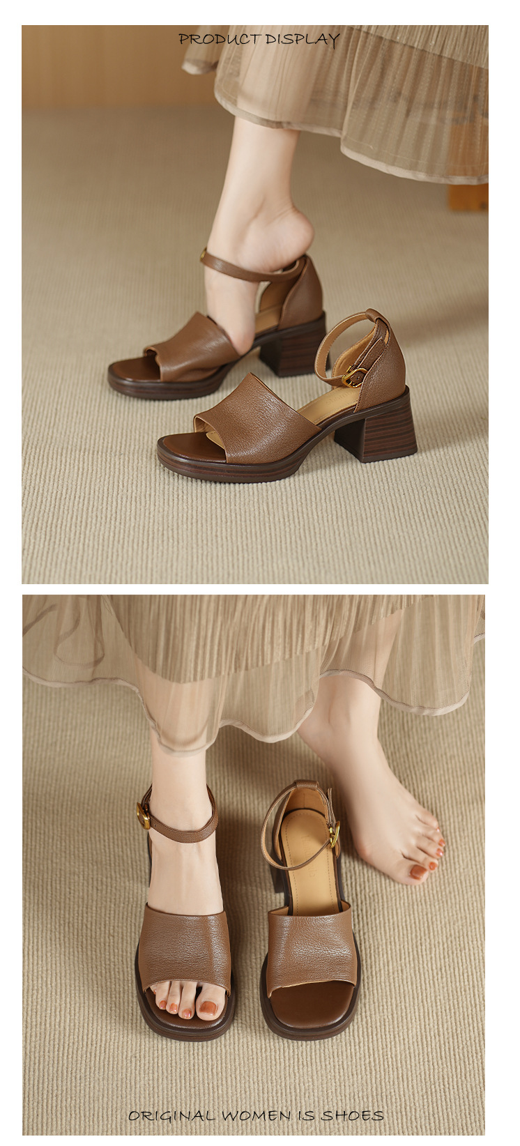 Sandal cao gót nữ hở mũi quai ngang khóa, da dê cao cấp, gót vuông ổn định — đen chi tiết 4