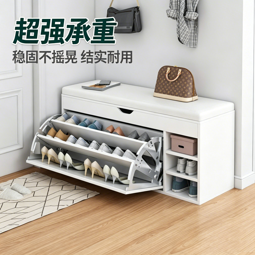 Banco para cambiar zapatos súper resistente y con gran capacidad de carga para la entrada, con tapicería suave, y zapatero abatible multifuncional para la entrada.