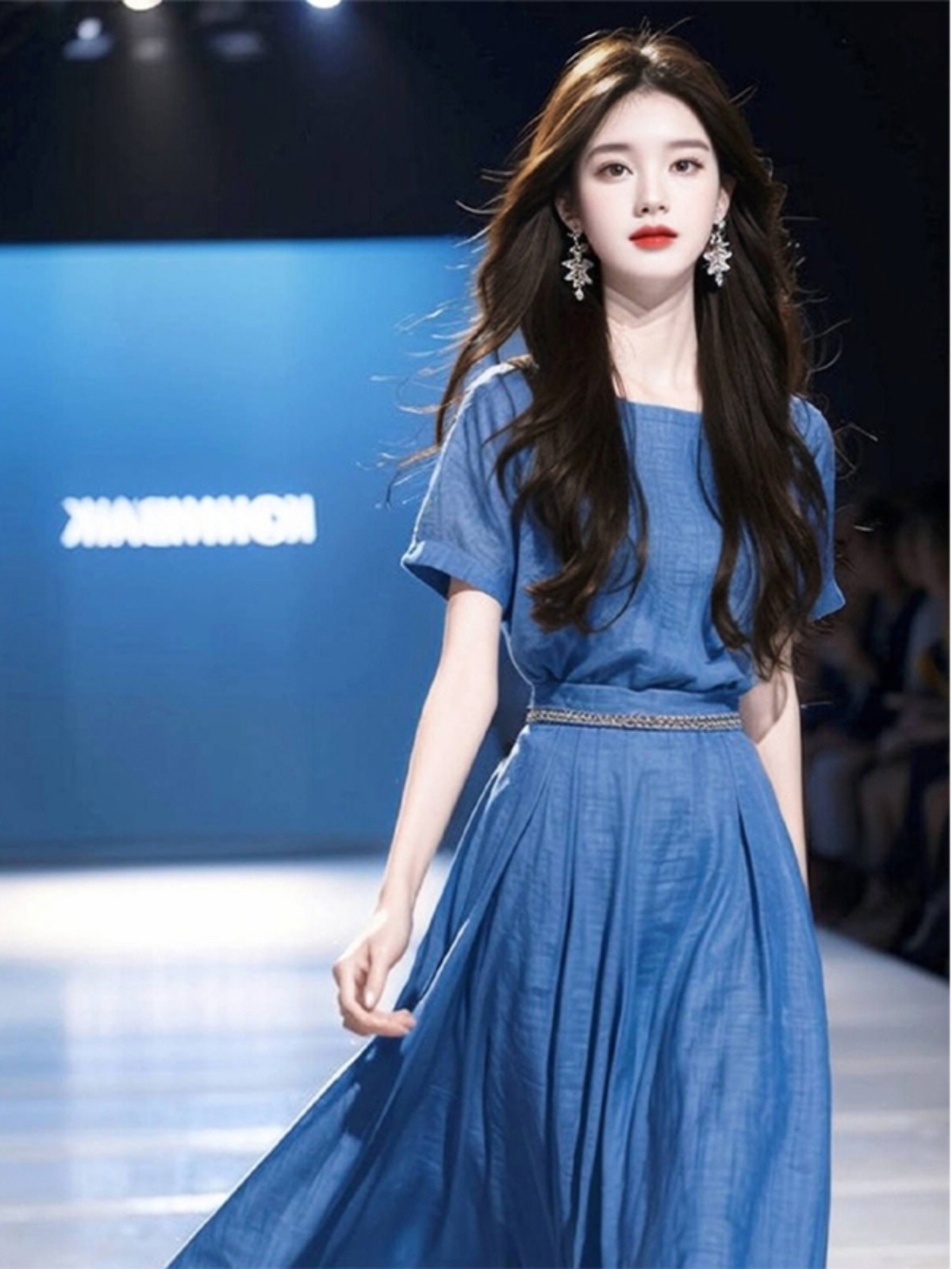 Đầm maxi nữ thắt eo màu xanh thanh lịch mùa hè — Màu xanh lam chi tiết 7