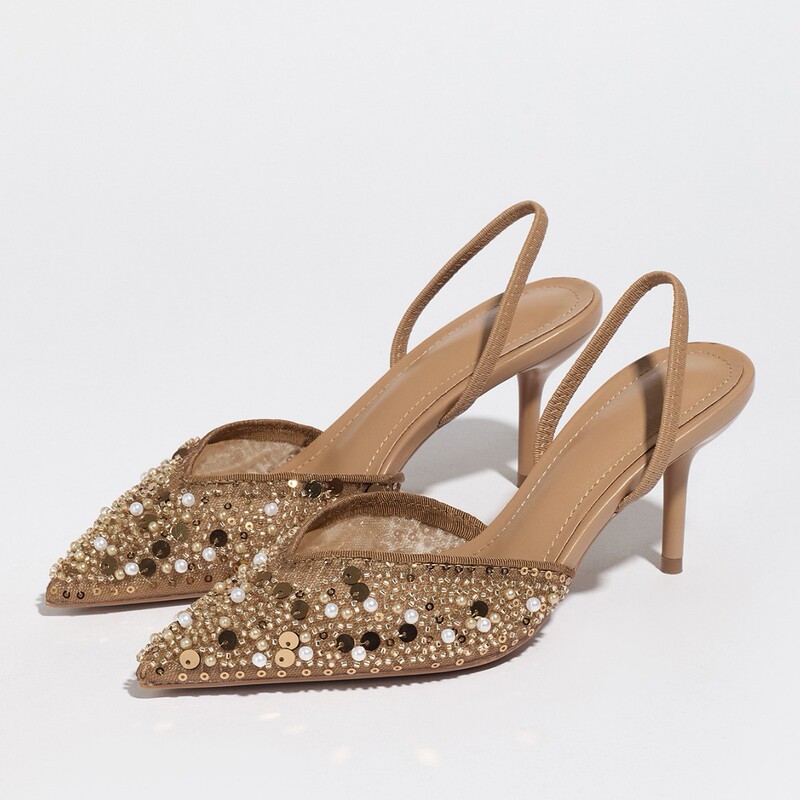 Cross-Border Rhinestone Sandals with Sequins for Women, Pointed Toe Mesh Slip-On Shoes, Fashionable Thin Heel High Heels, Sandals and Slippers Cross-Border Rhinestone Sandals with Sequins for Women, Pointed Toe Mesh Slip-On Shoes, Fashionable Thin Heel High Heels, Sandals and Slippers