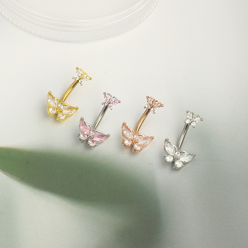 New Stainless Steel CZ Butterfly Navel Ring - Silver Pink Zircon Belly Button Ring for Women detail image 7