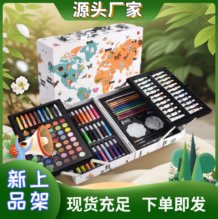 145 Animal World caja de regalo de doble capa para niños dibujo conjunto de herramientas de dibujo pincel herramientas de pincel de color para estudiantes de primaria