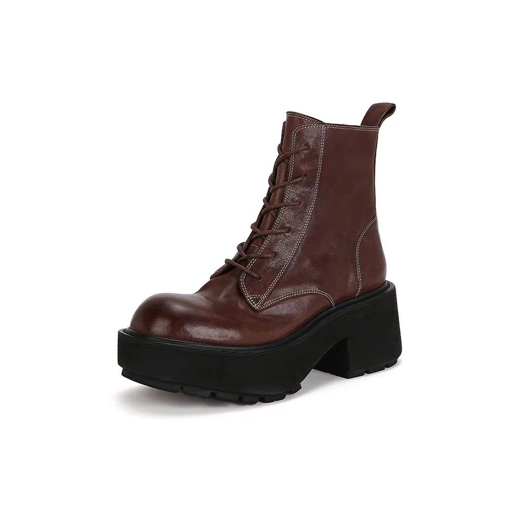 Botas de Motociclista de Tacón Grueso con Cordones de Cuero Lavado Retro de Otoño, Botas Cortas de Exterior para Mujer, Botas Estilo Martin
