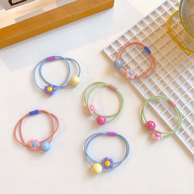 Candy-colored flower hair tie, Korean-style girl heart, color collision round bead hair tie, women's high elasticity elastic hairband, ponytail hair tie, hair ornament