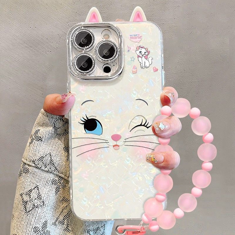 Suitable for Apple 17 phone case, cute Mary Cat 18 shell pattern, 16 three-dimensional ears, 15 with bracelet, 14 full protection anti-drop