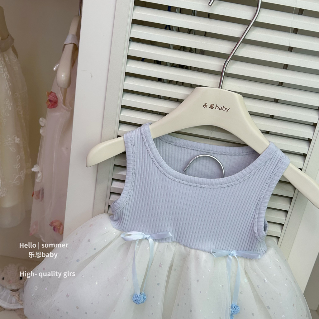 [Le En baby] 2025 verano niña azul falda de malla falda de chaleco de estilo occidental de moda falda de princesa de moda