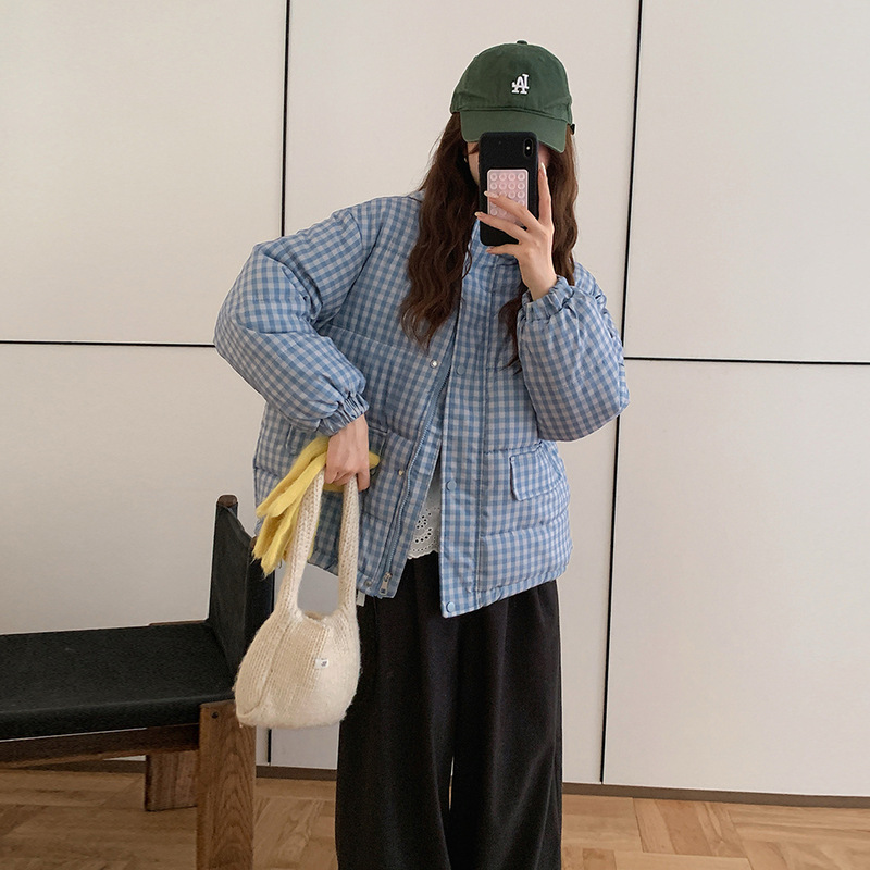 跨境韩版风立领短款棉服女2025秋冬新款休闲蓝色格纹加厚外穿潮|undefined