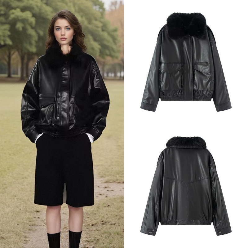 Za Cross-Border Export Spot European and American Style Women's Winter New Style Detachable Artificial Fur Collar Leather Jacket