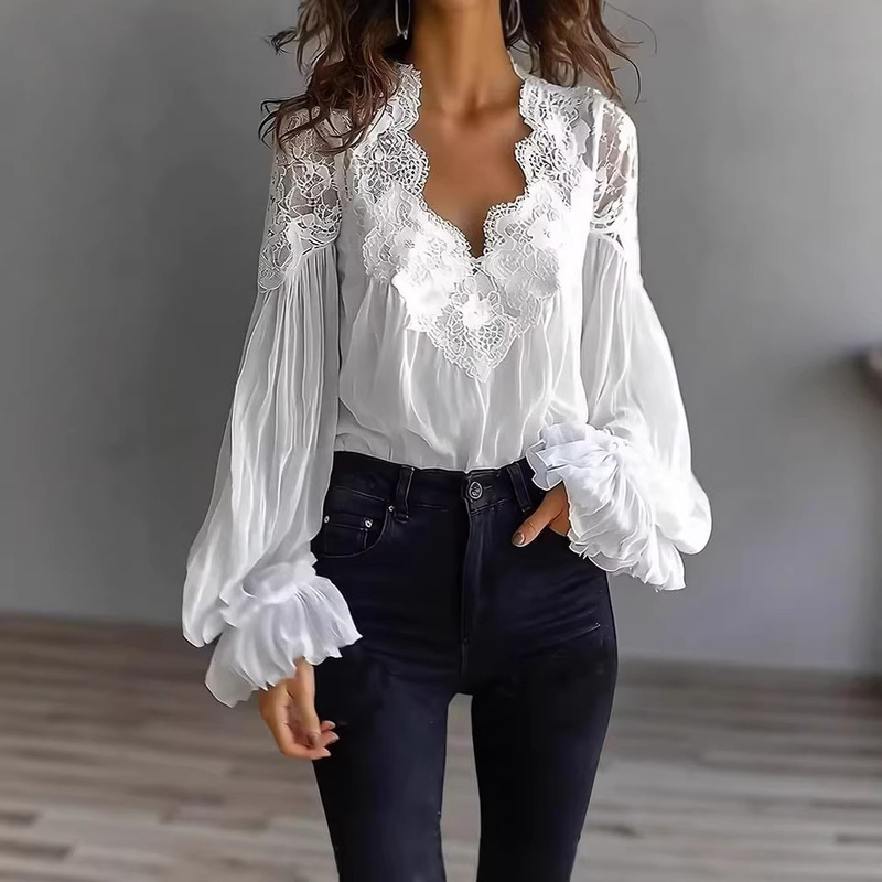 2026 European and American Independent Fashion Women's Lace Patchwork Puff Sleeve Pleated Shirt