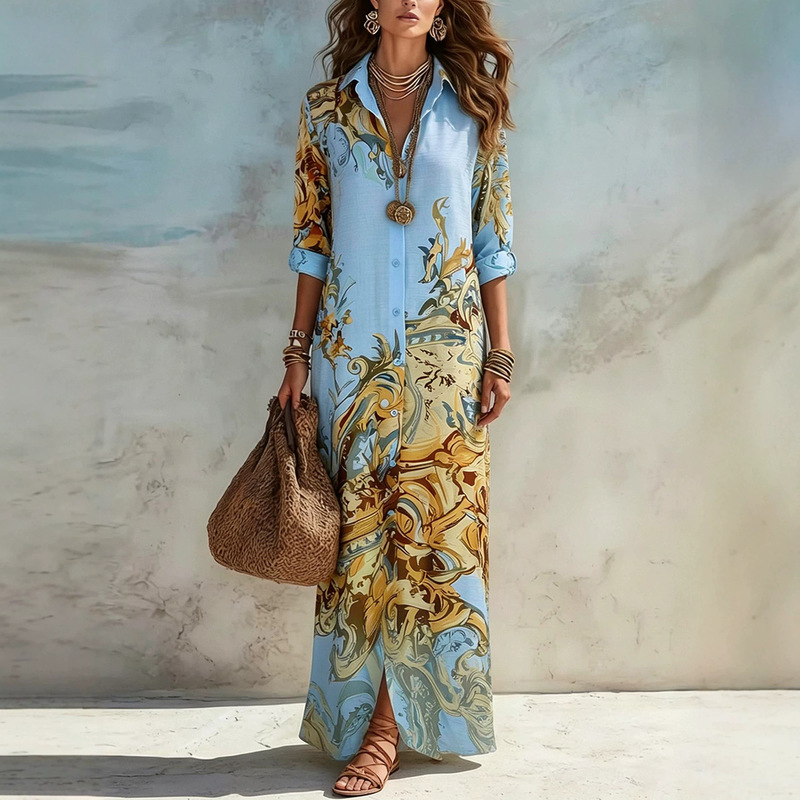 FD2488 European and American retro French-style printed collared cardigan shirt dress, bohemian long-sleeved maxi dress