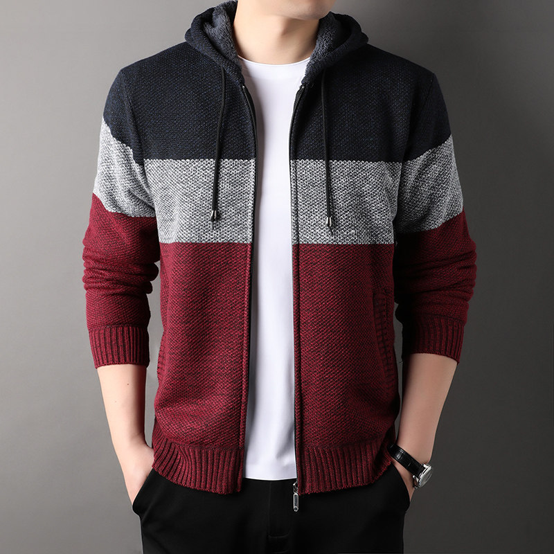 Cardigan Jacket Coat Men's Sweater Autumn and Winter Trendy Hooded All-match fleece-lined Thickened Fleece Color Matching Sweater Cardigan Jacket Coat Men's Sweater Autumn and Winter Trendy Hooded All-match fleece-lined Thickened Fleece Color Matching Sweater