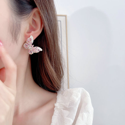 New European and American earrings, heavy industry, high-end color zircon earrings for women, s925 silver needle three-dimensional butterfly earrings