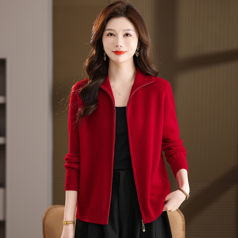 100 Pure Wool Sweater Cardigan Women's 2025 New Mother's Outwear Autumn and Winter Lapel Knitwear Shawl Outer Wear