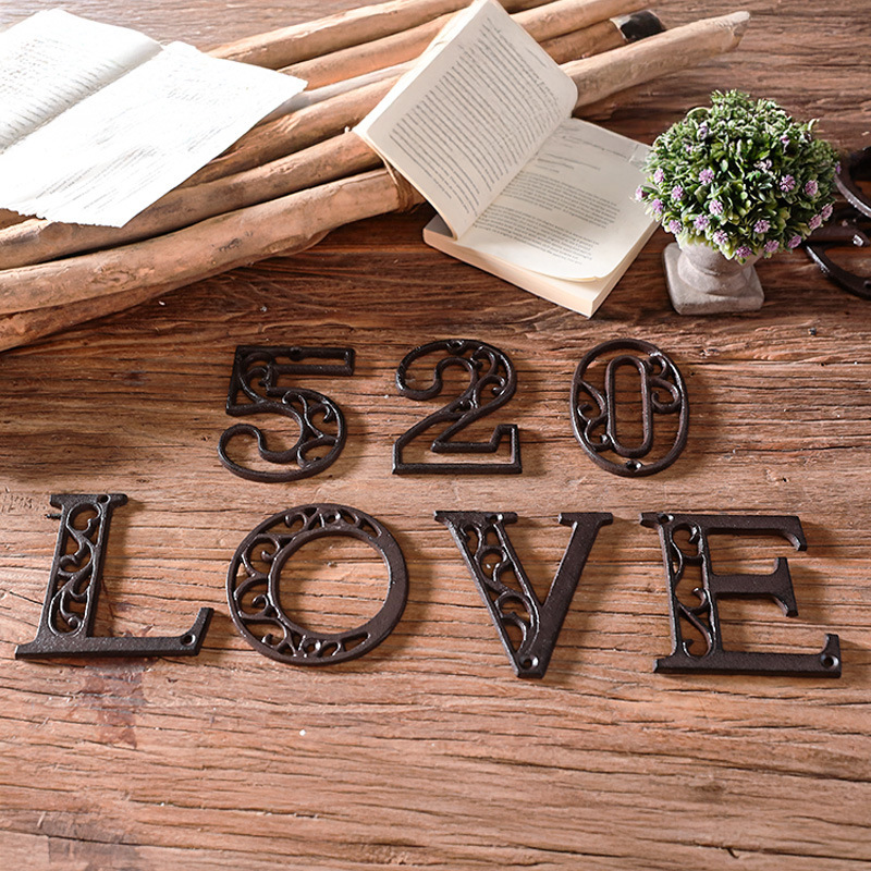 Scandinavian Retro Cast Iron Cut Out Alphanumeric Wall Decoration Cafe Hotel Hotel House Number Pinyin Decorative Wall Hanging