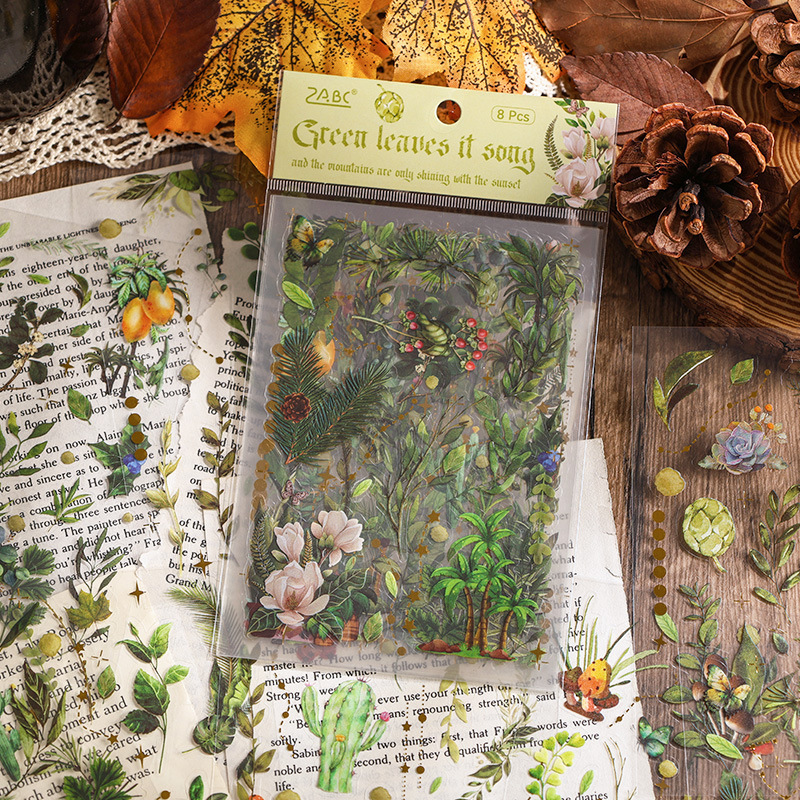 Canción del bosque transparente a prueba de agua pet pegatinas de tela de mano pegatinas de paisaje vegetal retro material pegatinas diy pegatinas de papelería