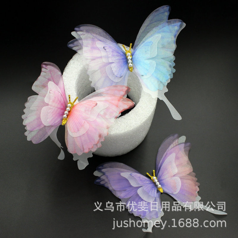 11cm Plus Pearl Five-Layer Tulle Butterfly Multi-Layer Phoenix Tail Yarn Butterfly DIY Bridal Headwear Ins Popular Butterfly