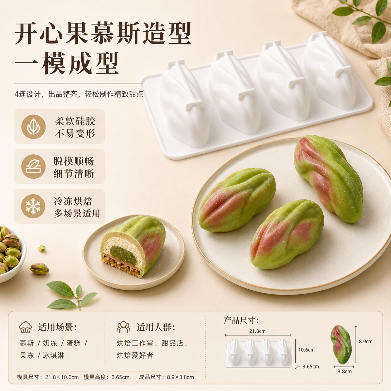 新款4连开心果食品级慕斯法式蛋糕烘焙硅胶模具DIY坚果甜品布丁模