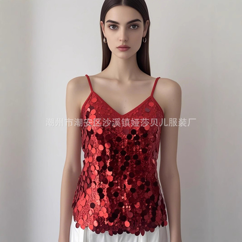 New European and American Women's Dress Sequins Fashionable Sexy Neck Strap Slim-fit Backless Short Vest