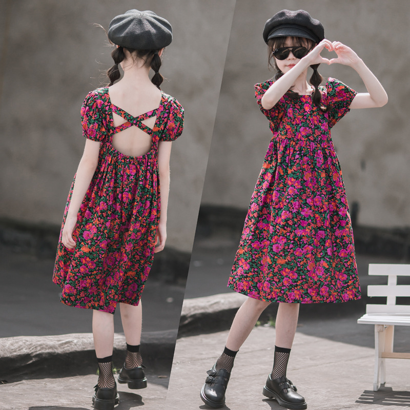 Falda floral para niñas 2024 verano nuevo estilo de algodón puro para niños con espalda abierta vestido de niña de manga corta falda de princesa coreana