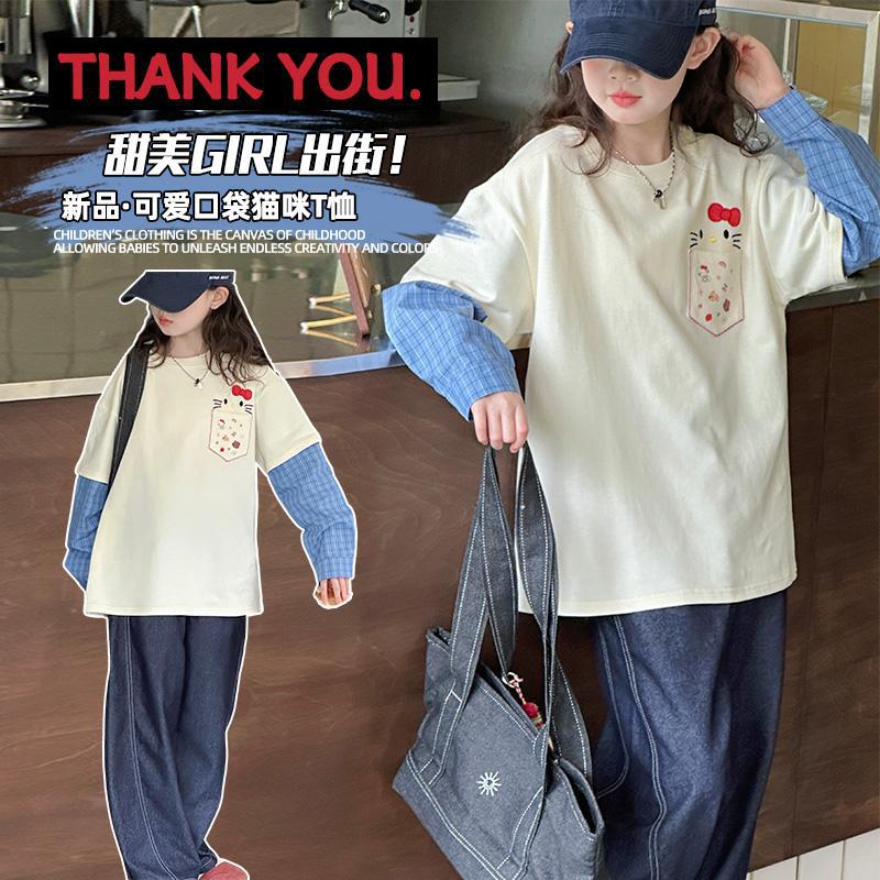 Zhili children's clothing, girls' spring and autumn Korean style fashionable faux two-piece long-sleeved sweatshirt T-shirt, medium and large children's trendy colorful distressed