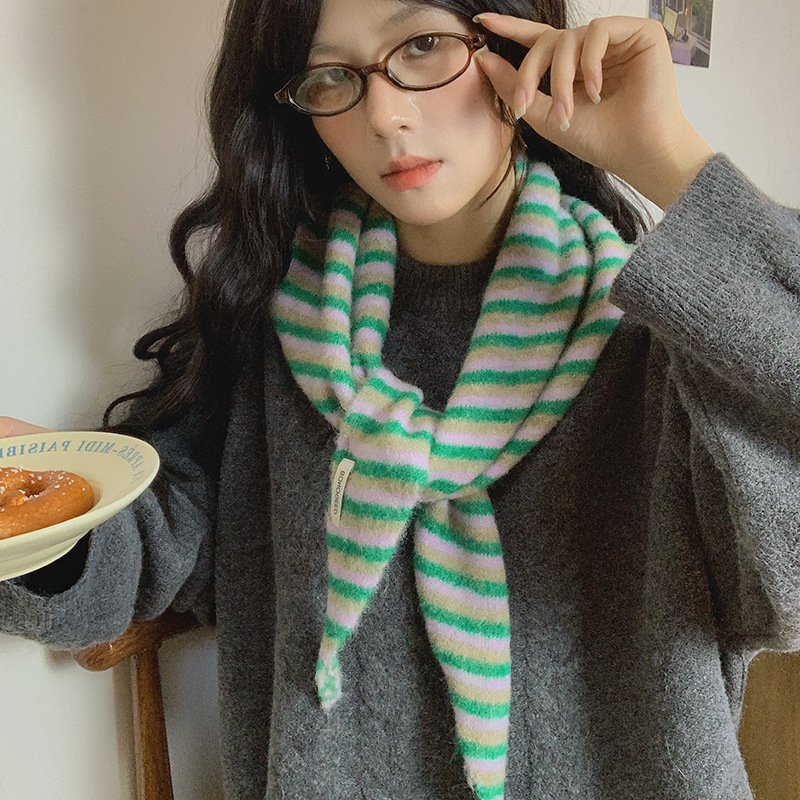 秋季好搭单品 羊毛混纺条纹三角巾 多用头巾小披肩围脖 时髦潮女|undefined