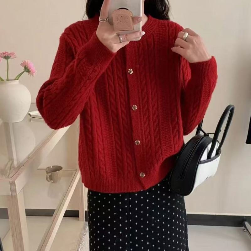 韩系复古麻花软糯毛衣外套女秋冬新款圆领宽松慵懒风显瘦针织开衫|undefined