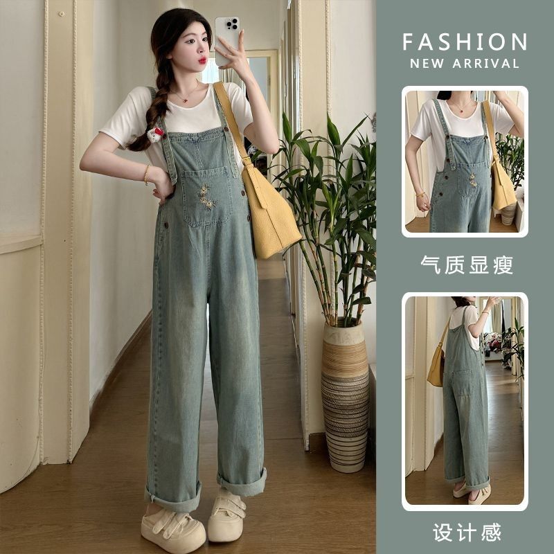 Maternity Summer Outfit 2026 New Fashion Loose Retro Versatile Denim Overalls with White T-Shirt Slimming Two-Piece Set