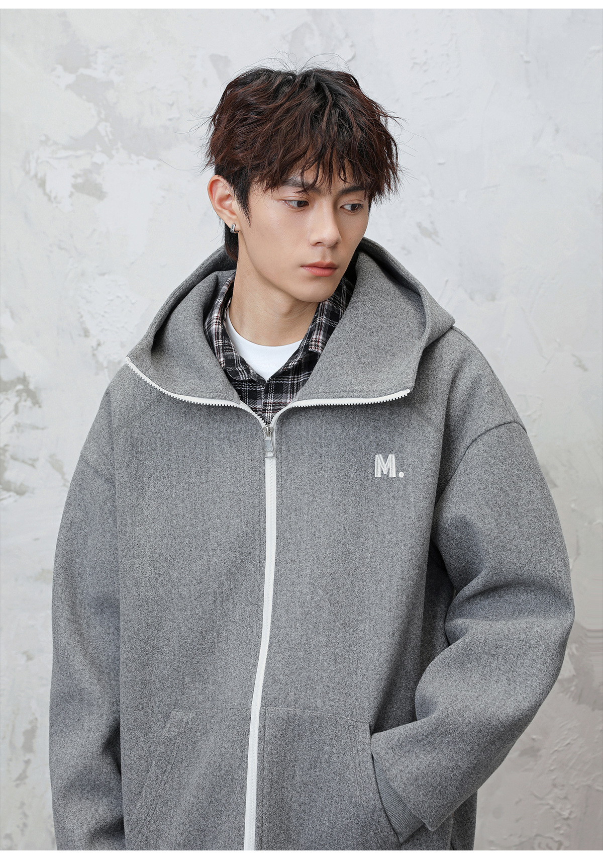 Monochrome Man- Heavy Woolen Hooded Sweatshirt Autumn Style American Retro Color-Block Zipper Cardigan Jacket Textured Thickened Hoodie_viptrois.com